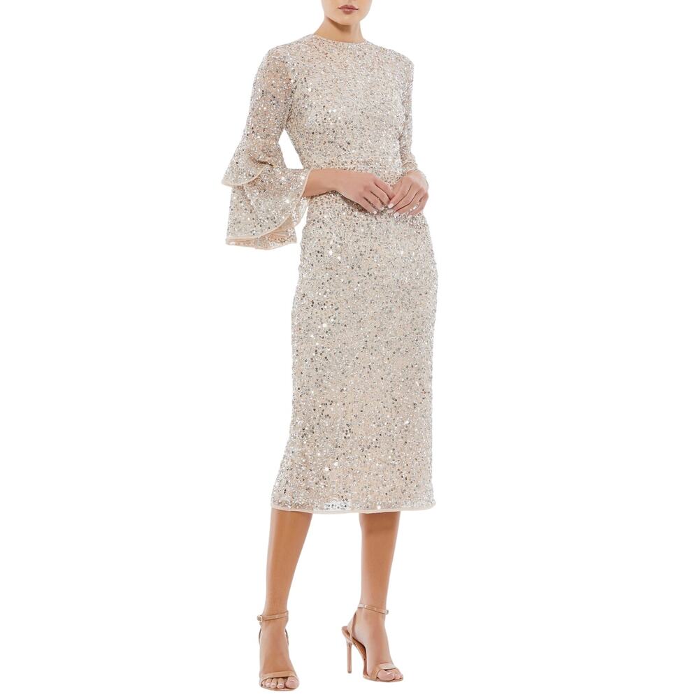 Mac Duggal 10802 Gold and Silver Cocktail Dress Sequin Long Sleeve Midi Size 22